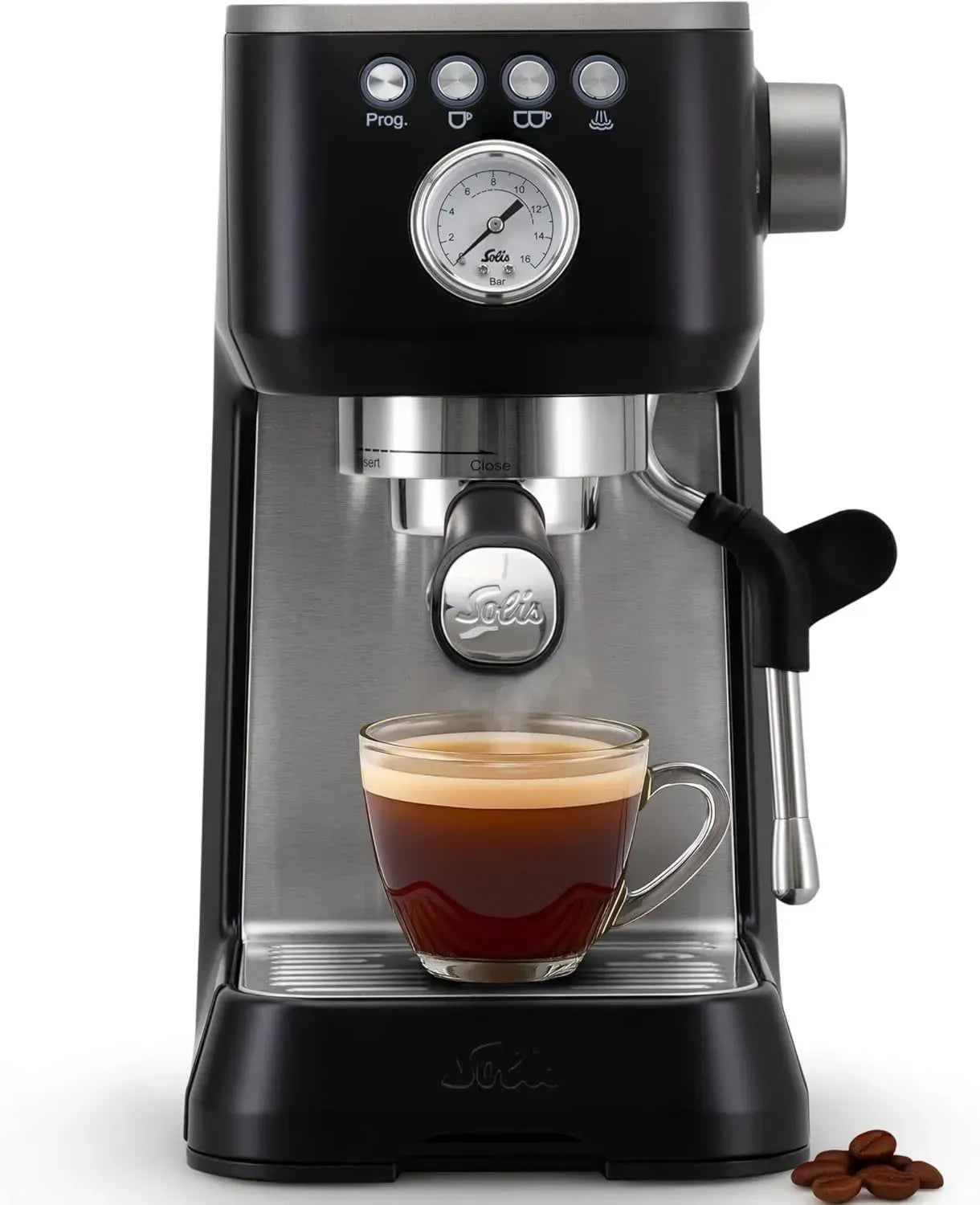 Solis Barista Perfetta Plus Halbautomatische Espressomaschine mit Milchaufschäumer, Programmierbar, Abnehmbarer Wassertank, Schwarz