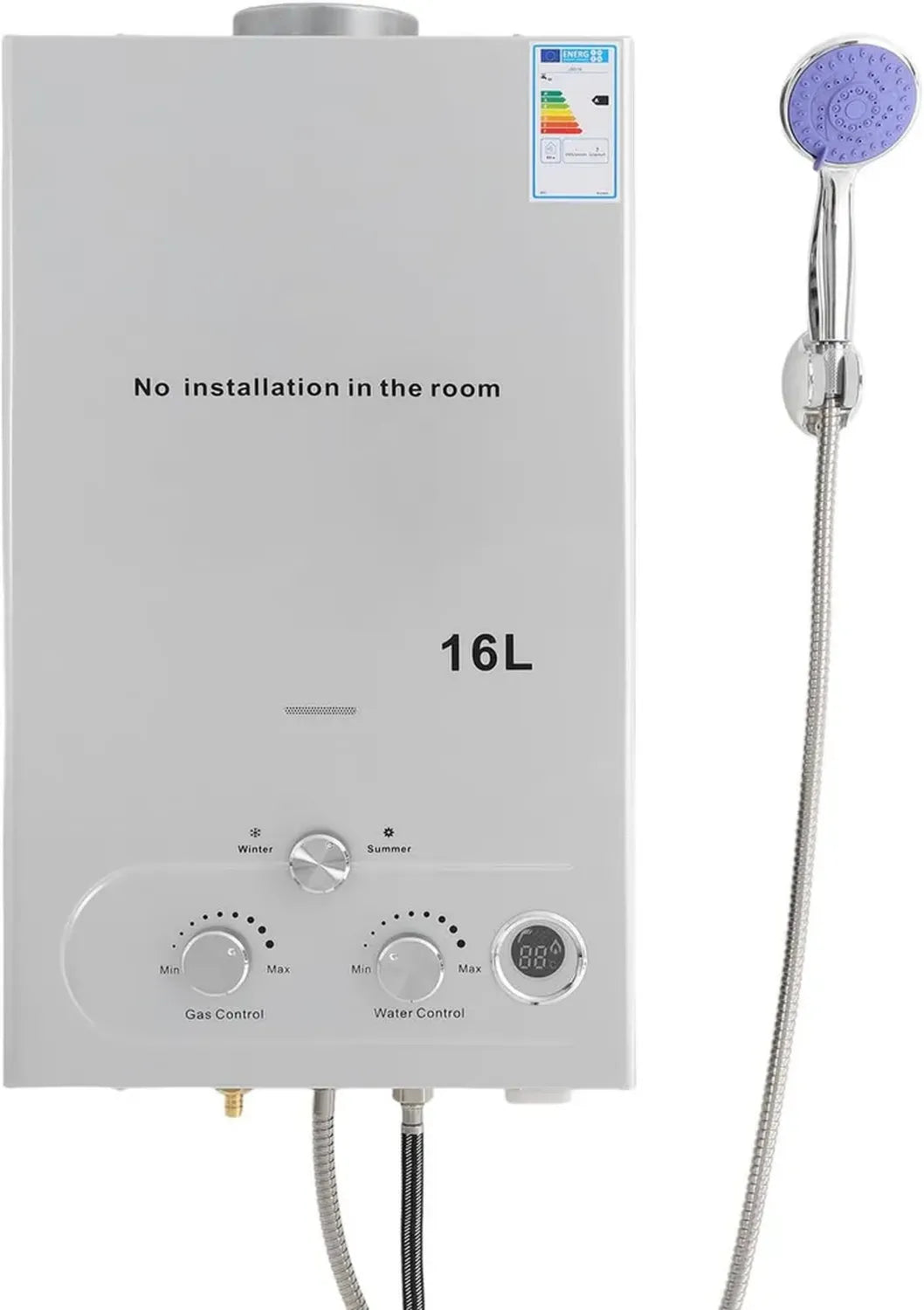 LPG Durchlauferhitzer mit Temperatursteuerung, inklusive Duschset für Zuhause und Camping, 16L/32KW