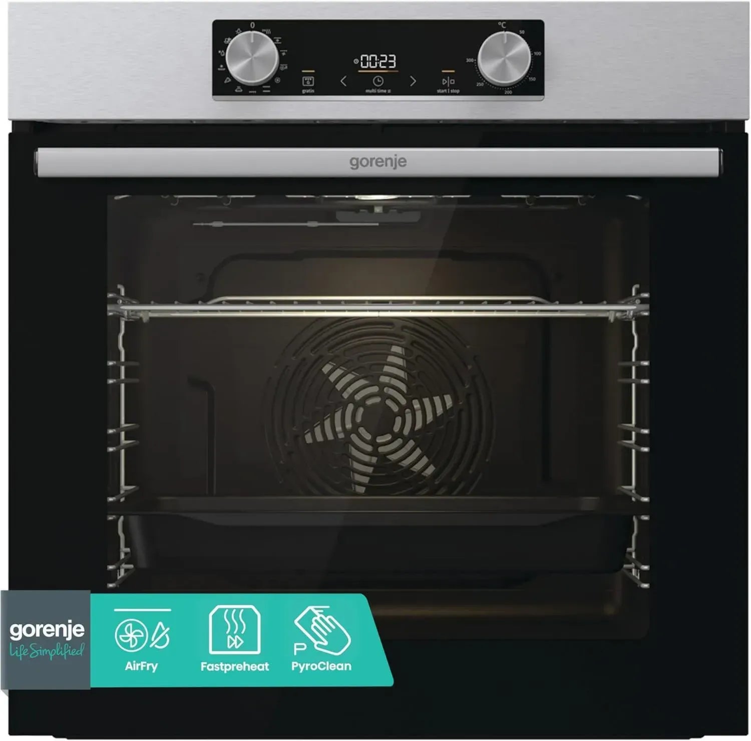 Gorenje Einbaubackofen BOP6737E02XK, 77L, 60CM, Heißluft, Pyrolyse, EcoClean, AirFry, Schnellaufheizung, 300°C Maximaltemperatur, Abnehmbare Glastür